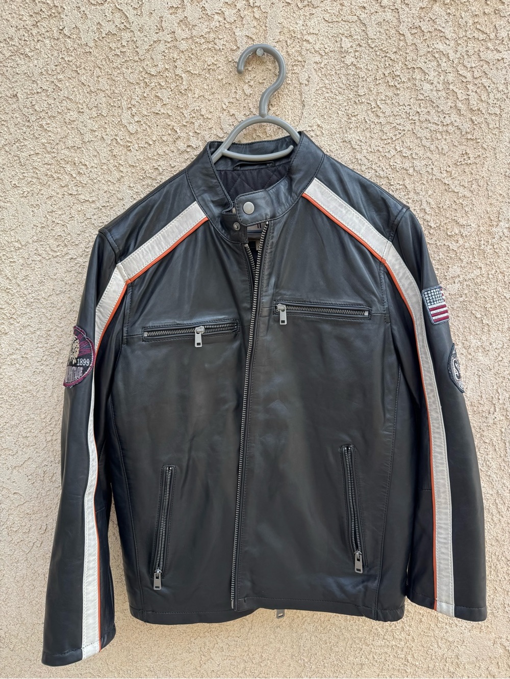 Wilsons leather vintage Black Bomber Jacket with White & Orange Stripes